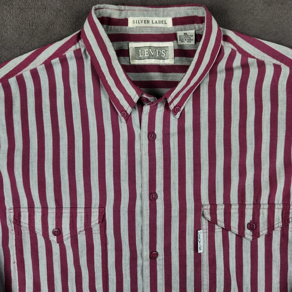 Vintage‎ Levis Silver Label Shirt Mens XL Burgundy Gray Striped Button Up Big E
